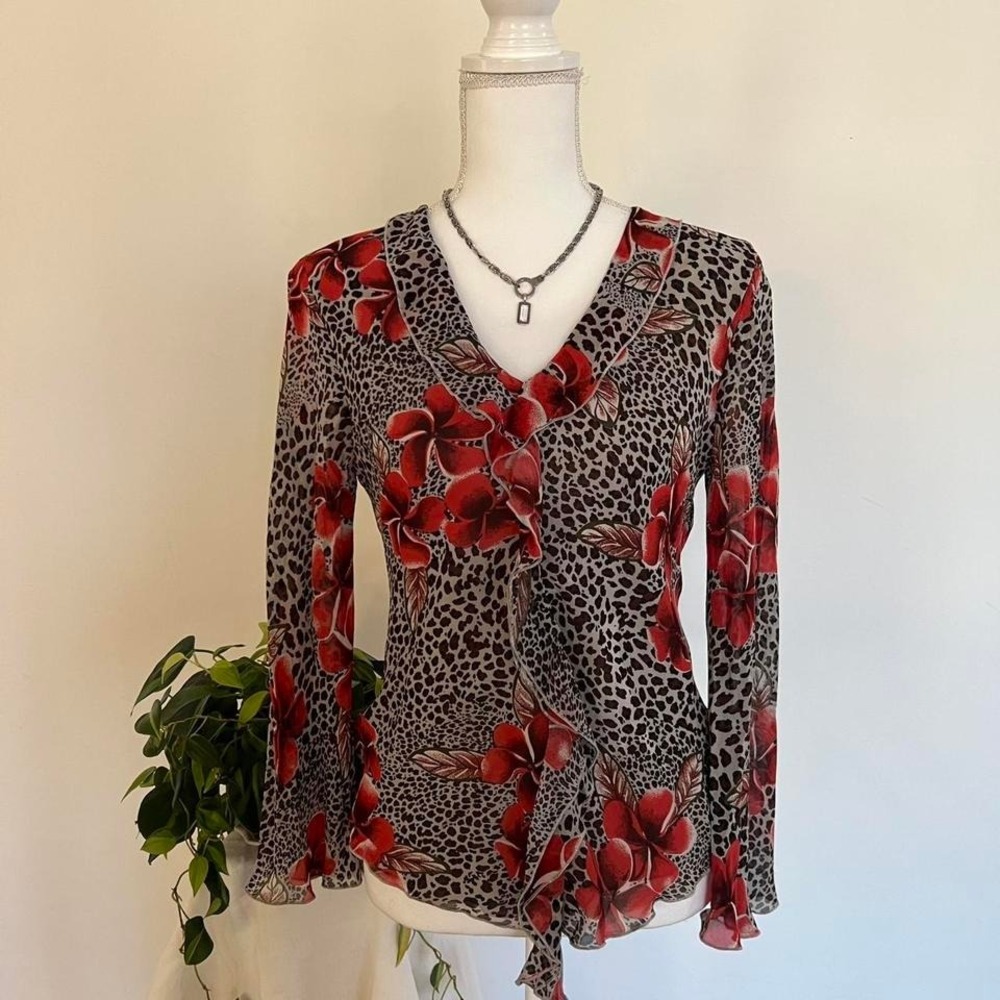 Y2K 100% Silk Sheer Bell Sleeve Ruffle Leopard Hibiscus Print Top